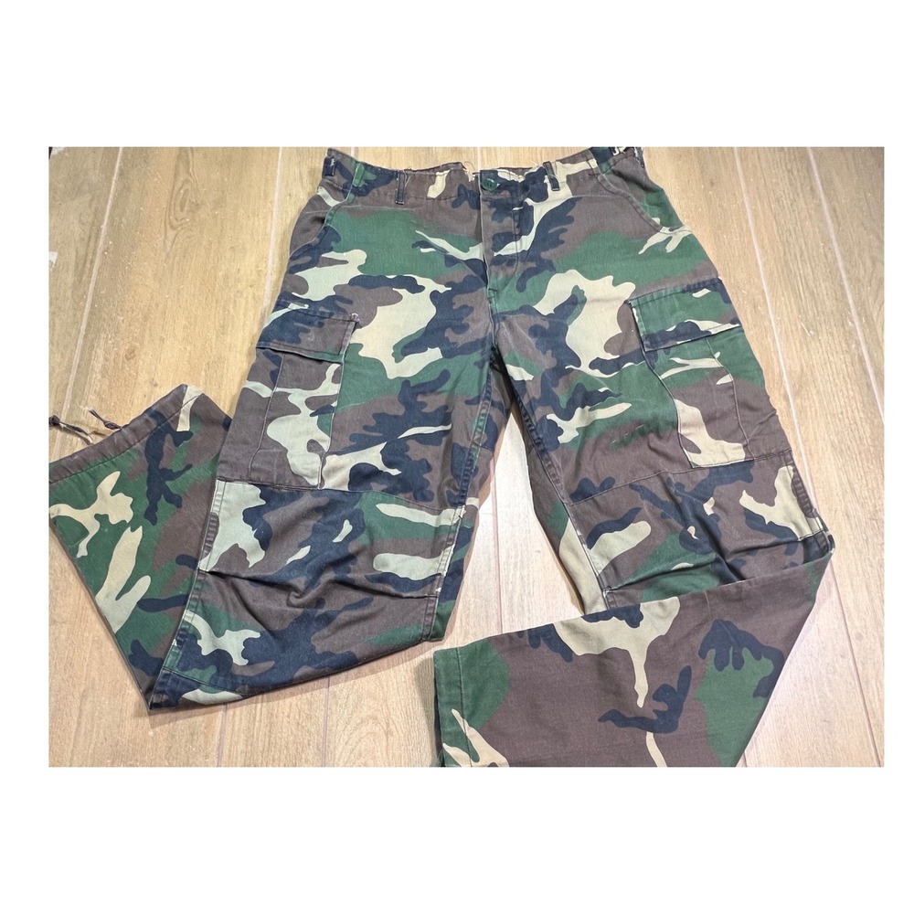Duck Bay Mens Woodland Camo dbl‎ knee Cargo Pants Tactical Utility vintage.